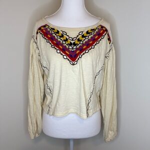 Free People Cream Long Sleeve with Colorful Embroidery